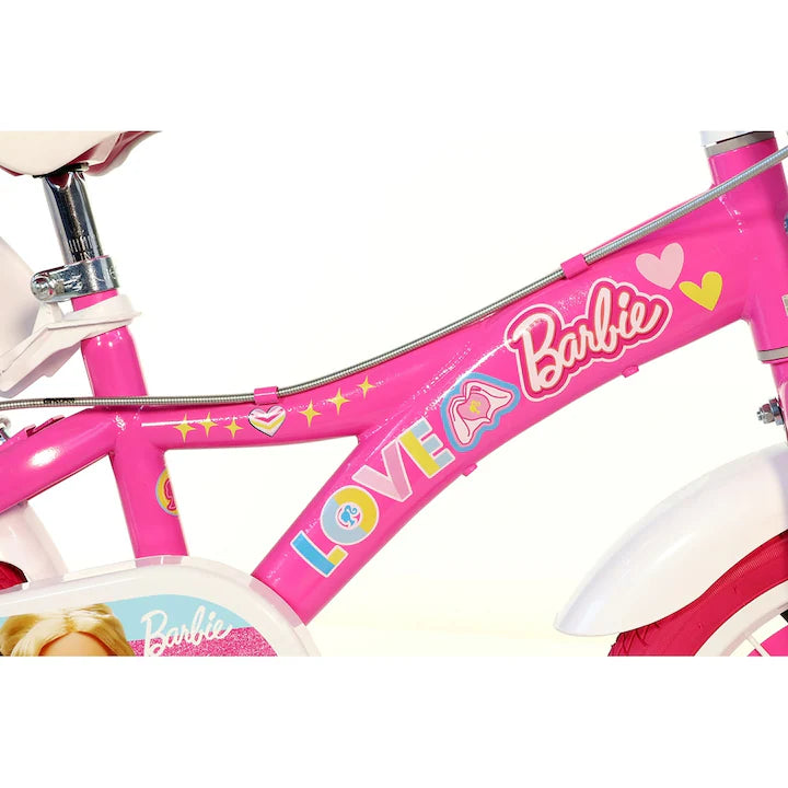 Bicicletă fete 12” Barbie, roți ajutătoare, 2–4 ani