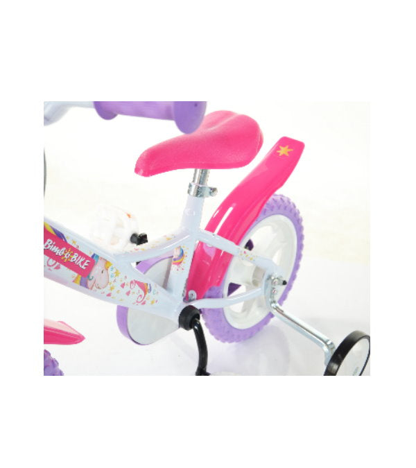 Bicicletă pentru fete 12 inch Bottari cu unicorni, 1 viteză, în culori alb, mov și roz, destinată pentru copii.
