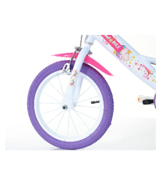 Bicicletă fete 14” Unicorn, 1 viteză, roz/alb/mov