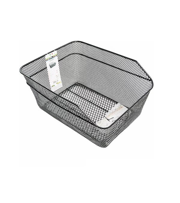 Metallic bike rear basket by Bottari, designed for safe cycling, made of durable materials, attached to the back of a bicycle.
