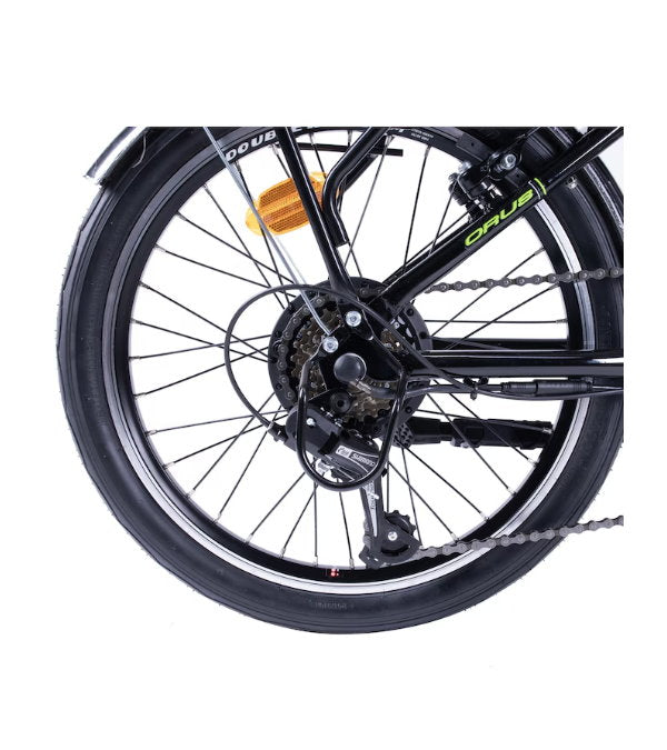 Black Bottari E2000 electric bike with 20-inch wheels, 6 Shimano gears, suitable for men, women, and children, foldable design.