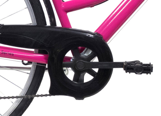 Bicicletă damă 28” cadru oțel, 6 viteze, furcă rigidă, roz