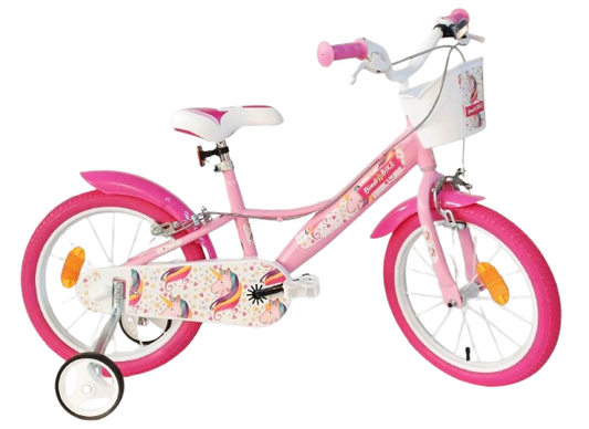Pink and white 16-inch girls' unicorn bicycle with 1 gear by Bottari, featuring colorful unicorn decals and training wheels.