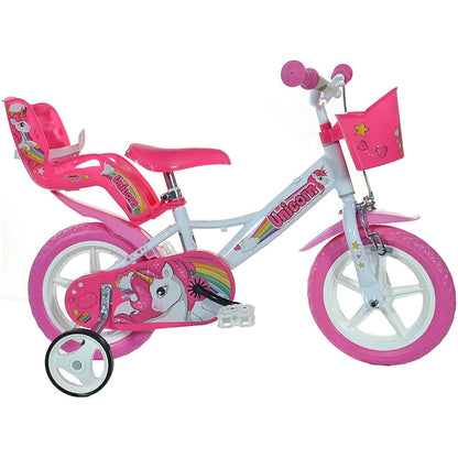 Bicicletă fete 12” Unicorn, roți ajutătoare, 2–4 ani