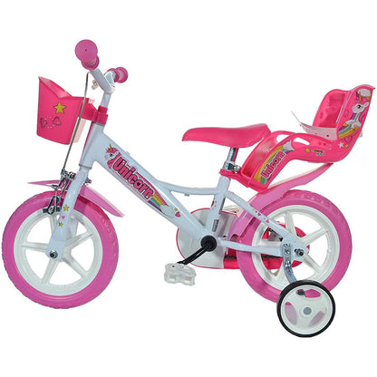 Bicicletă fete 12” Unicorn, roți ajutătoare, 2–4 ani