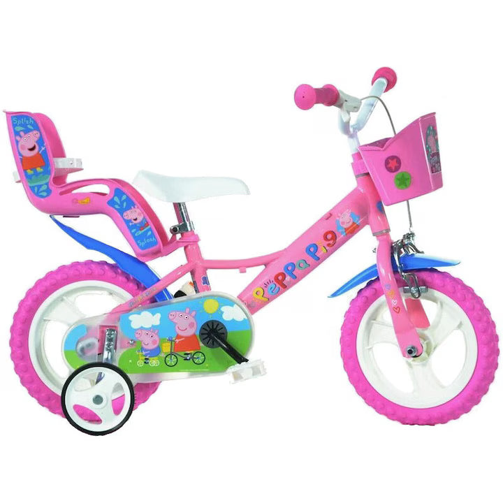 Bicicletă fete 12” Peppa Pig, roți ajutătoare, 2–4 ani