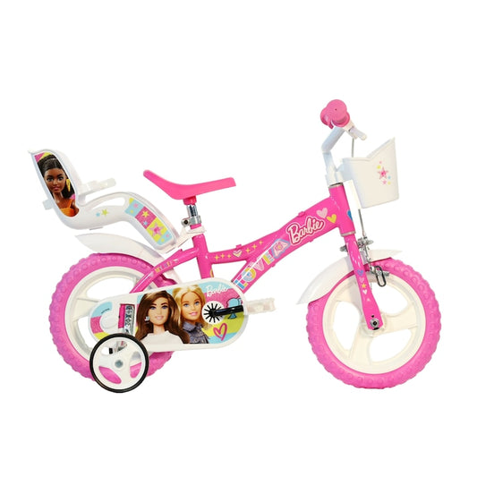 Bicicletă fete 12” Barbie, roți ajutătoare, 2–4 ani