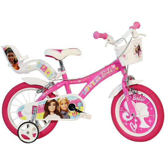 Bicicletă fete 14” Barbie, roți ajutătoare, 3–5 ani