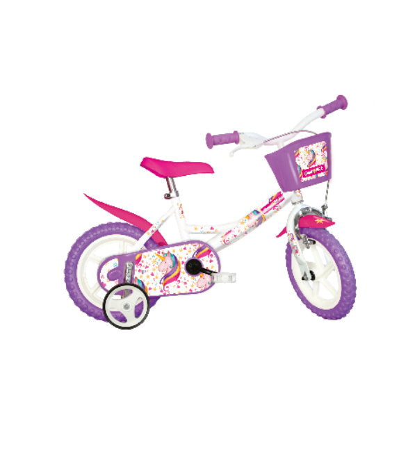 Bicicletă pentru fete 12 inch Bottari cu design unicorn, 1 viteză, în culori alb, mov și roz, pentru copii.