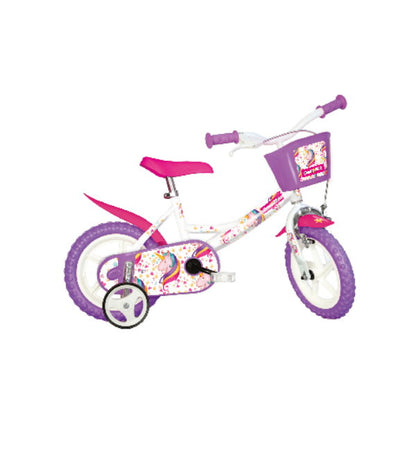 Bicicletă pentru fete 12 inch Bottari cu design unicorn, 1 viteză, în culori alb, mov și roz, pentru copii.
