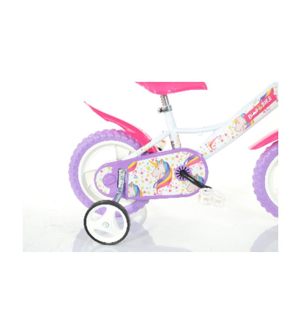 Bicicletă pentru fete 12 inch Bottari, unicorn, alb, mov, roz, cu 1 viteză, pentru copii, în stil jucăuș și colorat