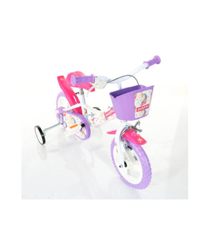Bicicletă pentru fete 12 inch Bottari cu design unicorn, alb, mov și roz, 1 viteză, pentru copii, ideală pentru învățare și plimbări
