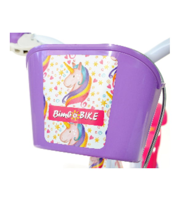 Bicicletă fete 12 inch Bottari, unicorn, alb, mov și roz, 1 viteză, pentru copii, cu design colorat și ghidon stabil