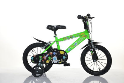 Green fluorescent 14-inch kids' mountain bike by Bottari, designed for boys, featuring sturdy frame and colorful design.