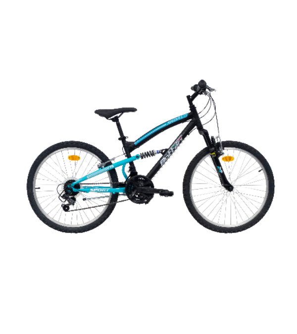 Bicicletă MTB bărbați 24” Bottari, cadru oțel, suspensie față/spate, 18 viteze, frâne V-Brake, albastru/negru