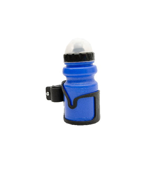 Blue 300ml water bottle for bikes with mounting support by Bottari, designed for easy hydration during cycling.