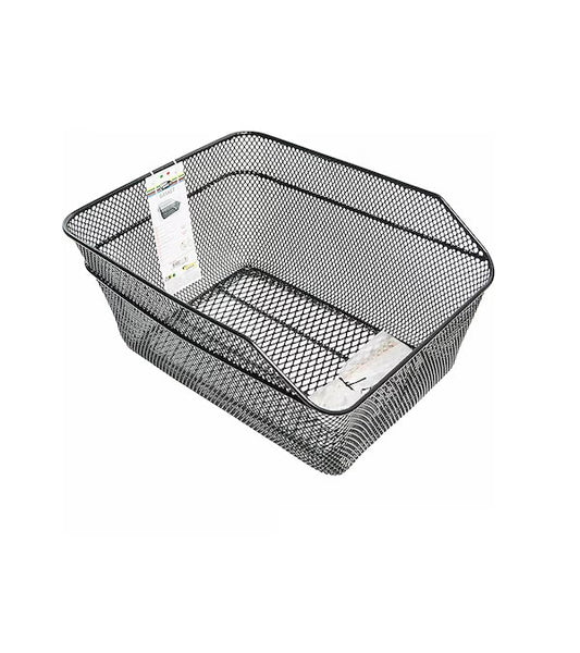 Metallic bike rear basket by Bottari, designed for safe cycling, made of durable materials, attached to the back of a bicycle.