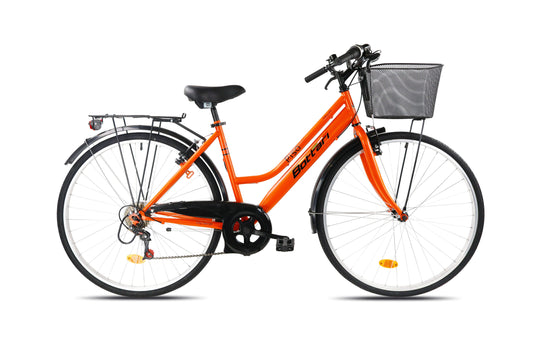 Bicicletă damă 28” cadru oțel, 6 viteze, furcă rigidă, portocaliu