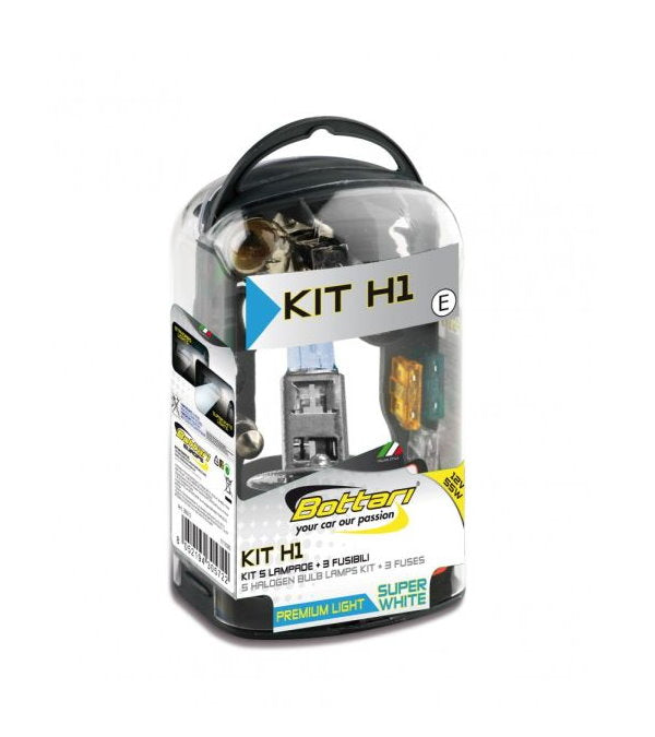 Bottari auto lighting kit with Super White H1 bulbs, 12V 55W, includes safety fuses and lamellar connectors for vehicle headlights.