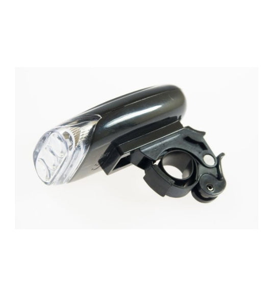 Bottari front bike light with 3 LED bulbs, pancake design, for bicycles, mounted on the handlebar, providing bright visibility.