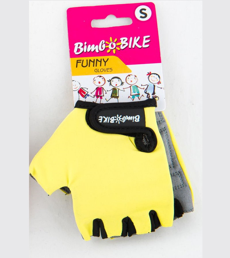 Yellow children's cycling gloves by Bottari, showing padded palms and adjustable straps for comfortable bike riding.