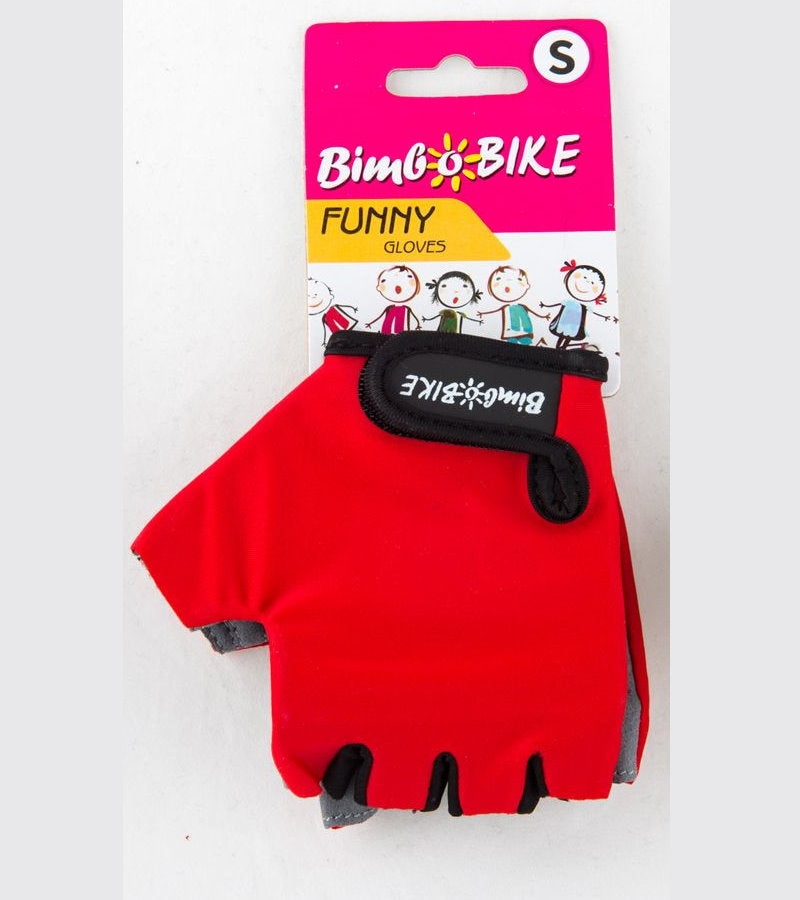 Red children's bicycle gloves by Bottari, showing padded fingerless gloves designed for young cyclists.