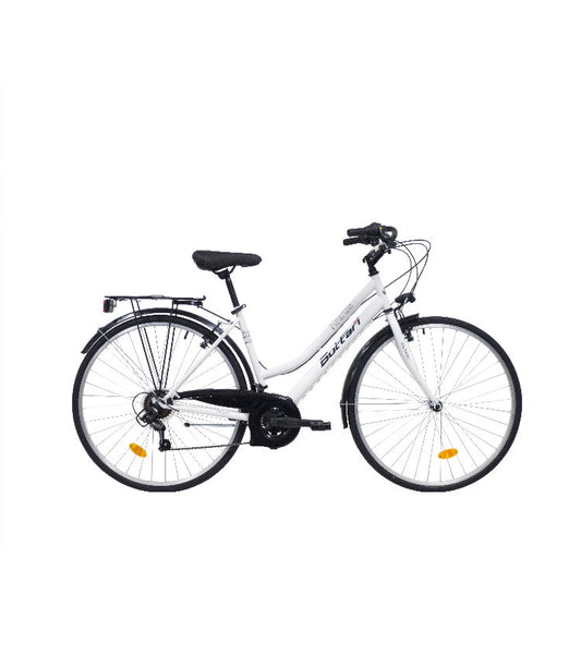 Bicicleta dama Bottari Trk 28 inch, white with steel frame and 18-speed gear, shown in a side view.