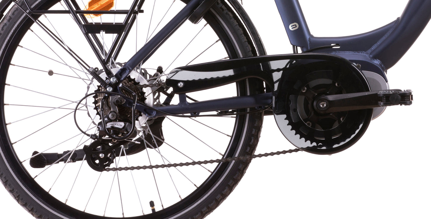 Bicicletă electrică 24” 7 viteze Shimano, baterie 36V 13Ah (468Wh), motor Shengyi 250W 90Nm, albastru