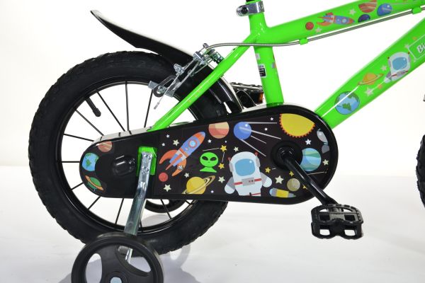 Green fluorescent 14-inch Bottari Cosmos boys' mountain bike with sturdy frame and colorful design for kids.