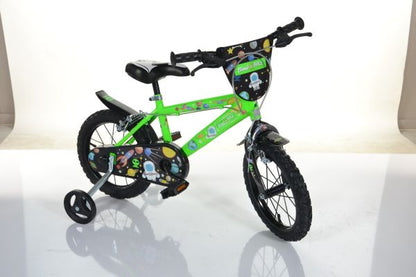 Green fluorescent 14-inch Bottari Cosmos kids' mountain bike with training wheels and sturdy frame for boys.