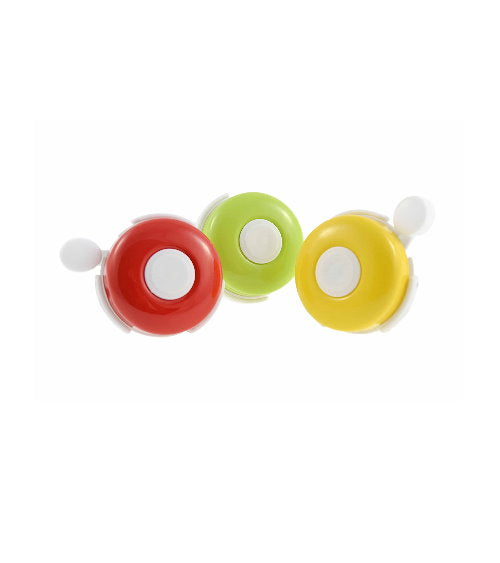 Bright yellow Bottari bicycle bell with a round shape and a metal striker, mounted on a bike handlebar.